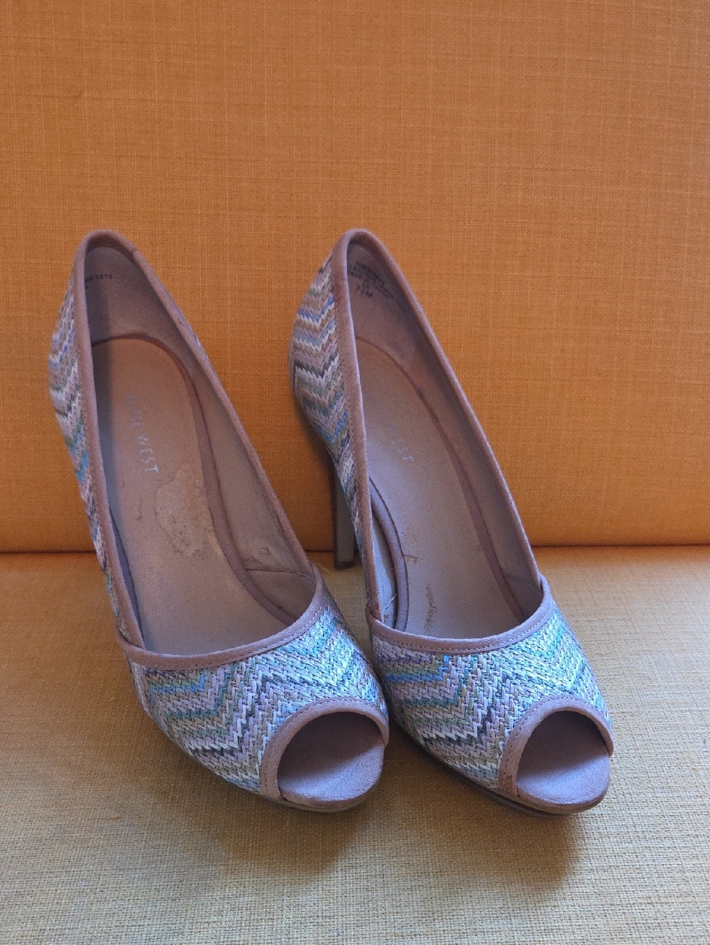 Nine West Multicolor Chevron Peep-Toe Heels with Neutral Trim